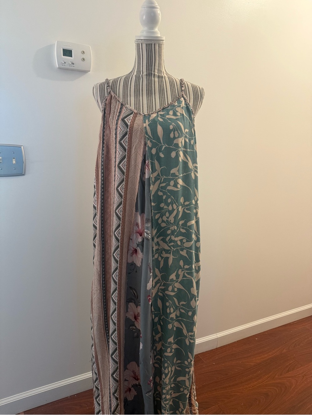 Striped & Floral Patchwork Maxi Dress in Teal and Pink Gigio